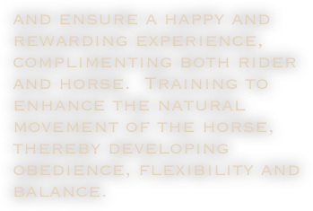 and ensure a happy and rewarding experience, complimenting both rider and horse.  Training to enhance the natural movement of the horse, thereby developing obedience, flexibility and balance.