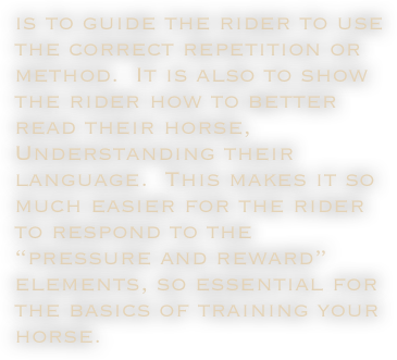 is to guide the rider to use the correct repetition or method.  It is also to show the rider how to better read their horse, Understanding their language.  This makes it so much easier for the rider to respond to the “pressure and reward” elements, so essential for the basics of training your horse. 
